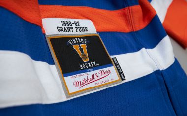 Blue Line Grant Fuhr Edmonton Oilers 1986 Jersey